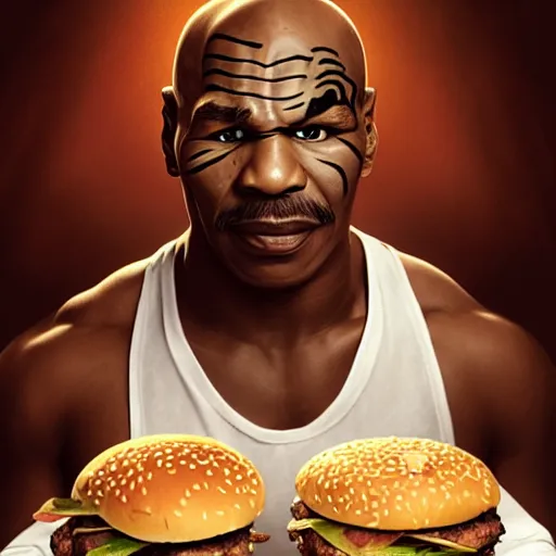 Prompt: portrait of Mike Tyson eating hamburgers, extra onions and ketchup, luscious patty with sesame seeds, feminine ethereal, handsome, D&D, fantasy, intricate, elegant, highly detailed, digital painting, artstation, concept art, matte, sharp focus, illustration, art by Artgerm and Greg Rutkowski and Alphonse Mucha