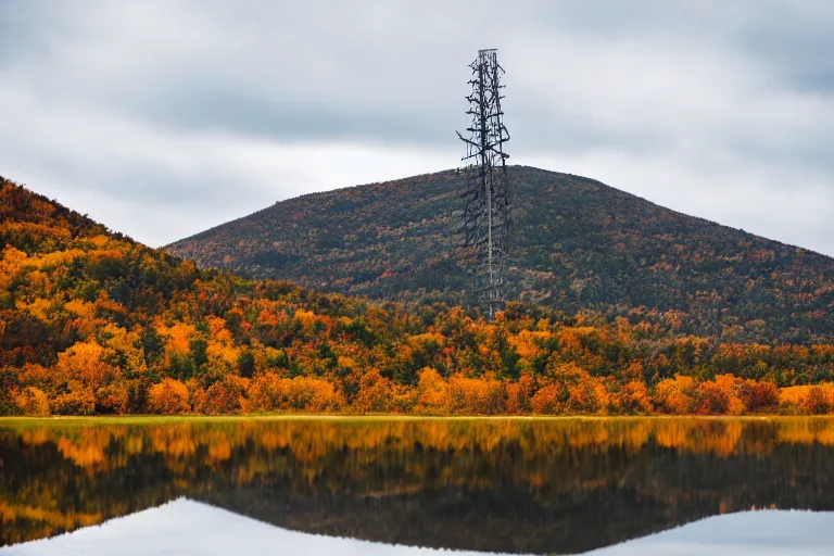 Image similar to a mountain with a radio tower next to a pond, autumn hills in background. telephoto lens photography.