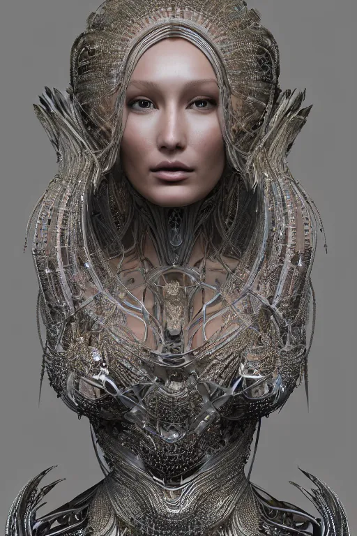 Prompt: a portrait of a beautiful ancient alien woman goddess bella hadid venus standing in iris van herpen dress jewelery and fractals in style of alphonse mucha art nuvo dmt trending on artstation made in unreal engine 4