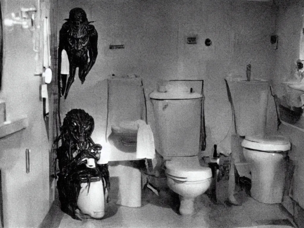 Image similar to HP Lovecraft alien sitting on the toilet. Color photograph from modern sci-fi film.