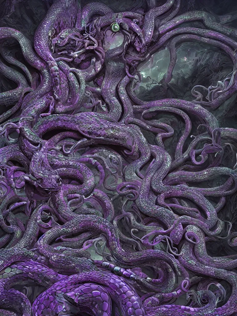 Image similar to beautiful medusa gorgon highly detailed snakes, cosmic horror, abstract, ghostly, arcade, duotone, poltergeist, epic lighting, intricate, elegant, highly detailed, smooth, sharp focus, photo real, ultra realistic, unreal engine 5, raytracing, in the style of beeple and mike winkelmann, ultraviolet colors,