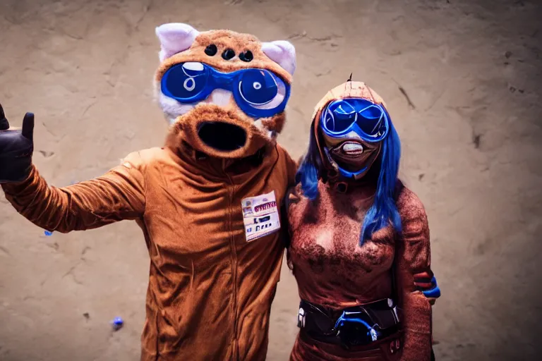 Image similar to furry convention on mars, animal costumes, 8 k photography, cyberpunk