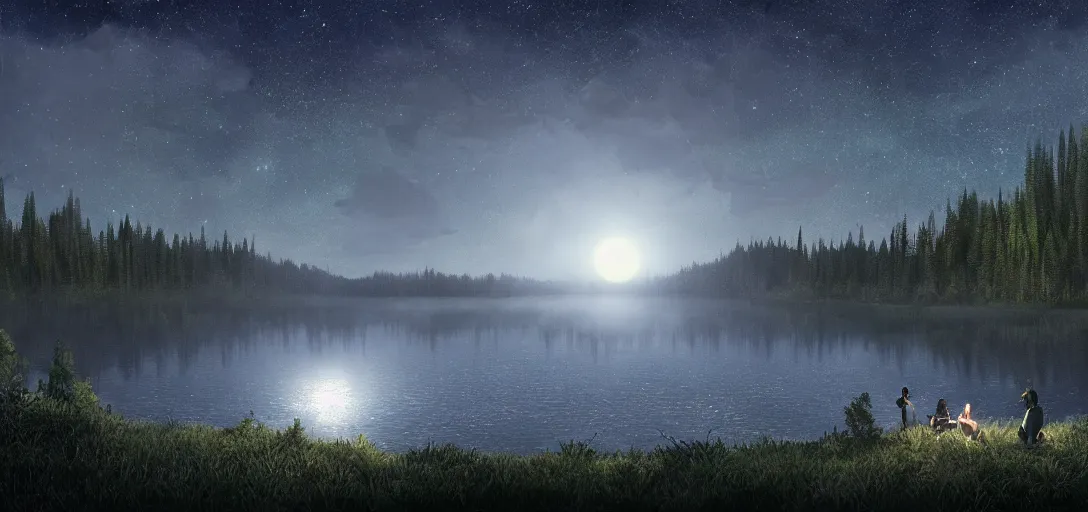 Image similar to full moon shining over a lake, forest in the background, starry night, dynamic glowing lighting, volumetric, bokeh, cinematic, establishing shot, extremly high detail, photo realistic, cinematic lighting, post processed, concept art, artstation, matte painting, style by eddie mendoza, raphael lacoste, alex ross