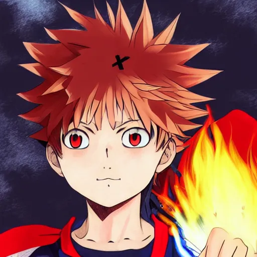 Prompt: a highly detailed anime art of a boy with fire powers by gege akutami, in my hero academia, in full metal alchemist, 8 k, anime!!!!!!!!!!!!!!! trending on artstation, spikey hair, portrait, big eyes!!!!!!!!, detailed eyes, official media