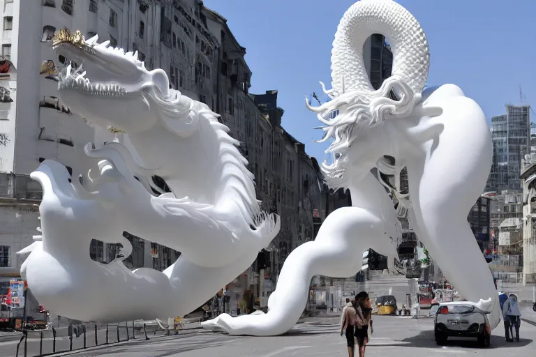 Prompt: 3 d full head and shoulders beautiful white porcelain female head, flowing massive hair, chinese gold dragons, giant sculpture on a platform in a wide city street, by theodor seuss geisel and daniel arsham and xiang duan