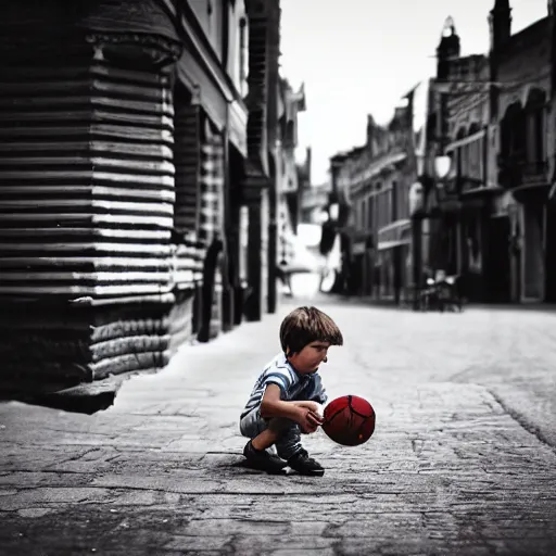 Image similar to a boy playing with a ball in the street vintage style