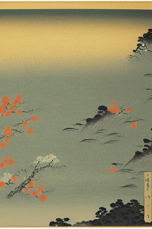 Image similar to japanese painting of a landscape by kano sanraku in the style of nihonga, gold