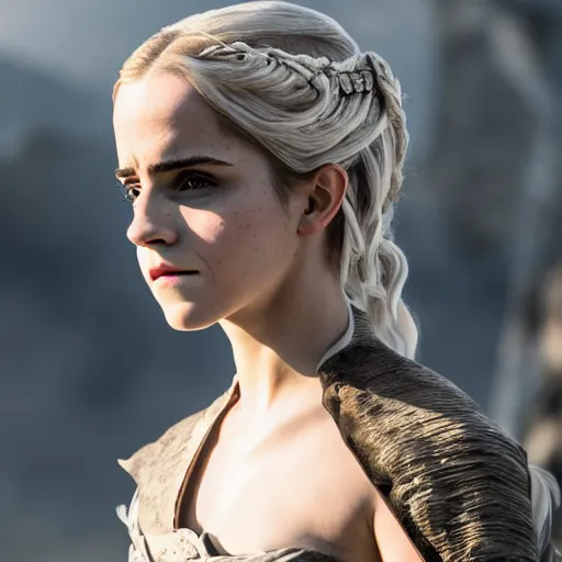 Prompt: Emma Watson as Daenerys Targaryen, XF IQ4, f/1.4, ISO 200, 1/160s, 8K, Sense of Depth, color and contrast corrected, Nvidia AI, Dolby Vision, in-frame