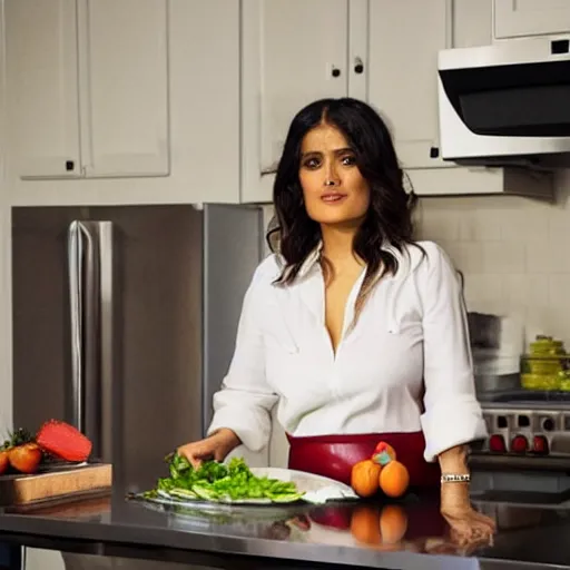 Image similar to salma hayek posing for a cooking show with food, in a kitchen