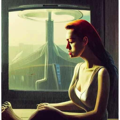 Image similar to detailed face of a woman, clockwork, moment, tectonic sky, skydome, bullet train, turbines, utopian, tech noir, wet reflections, prism, atmospheric, ambient, pj crook, syd mead, livia prima, greg rutkowski, edward hopper