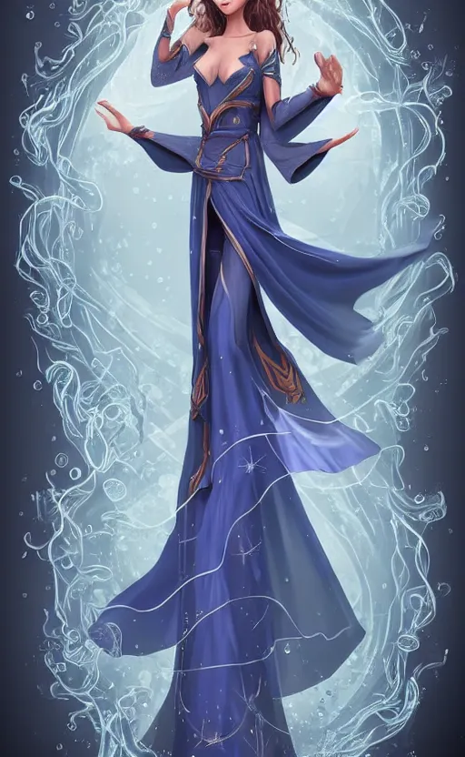 Image similar to elf female sorcerer doing water magic spells, blue robes, exquisite details, full body character design on a white background, by studio muti