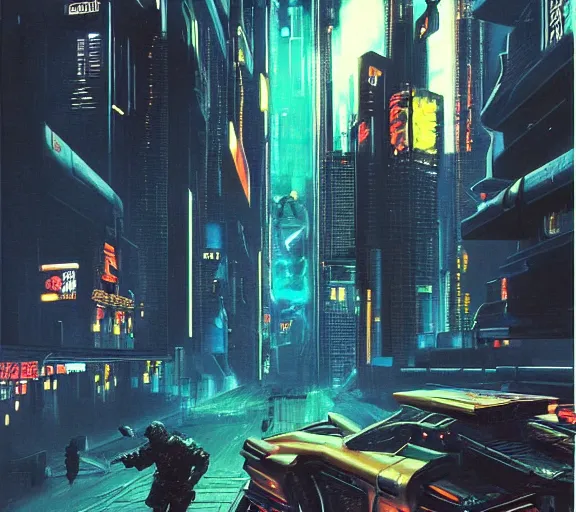 Image similar to a portrait of a cyberpunk epic Friday night firefight, Night City, cyberpunk 2077, very very coherent painting, 1979 OMNI Magazine Cover, street level neo-Tokyo in Cyberpunk 2045 style by Vincent Di Fate by mark arian by artgerm in the style of ((Gustave Dore)), 4k, 8k, HD, trending on artstation