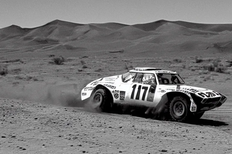Image similar to a single 1 9 6 7 dakar rally bmw, race footage, speed, movie still from bladerunner