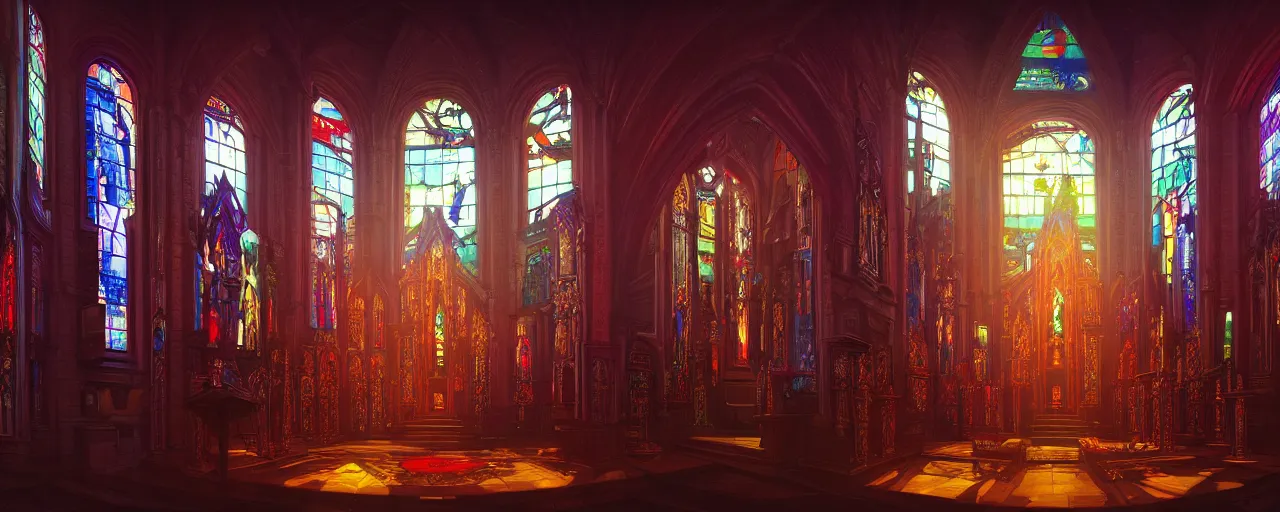 Prompt: A cyberpunk church altar, by Naomi Okubo, landscape, dramatic lighting, high contrast colors, panoramic view, as trending on Artstation,