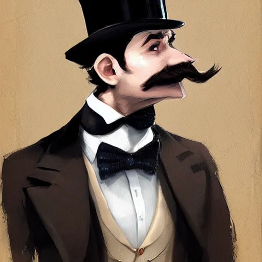 Image similar to dapper fancy luigi wearing a top hat, smirking deviously, painted by greg rutkowski, wlop, artgerm, dishonored 2