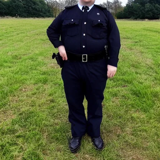 Image similar to clean - shaven chubby chubby chubby 3 2 year old caucasian man from uk. he is wearing navy police sweater and necktie and black boots and police helmet. he is standing in a field.