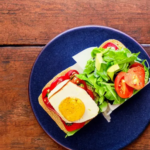 Prompt: sandwich with roasted tofu, also tomato, onion, avocado and cheddar, over a dish and over a table, sunset background with saturn in the sky, studio photo, amazing light