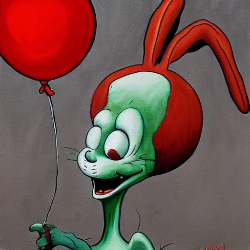 Prompt: grunge painting of bugs bunny with a wide smile and a red balloon by chris leib, loony toons style, pennywise style, corpse bride style, horror theme, detailed, elegant, intricate