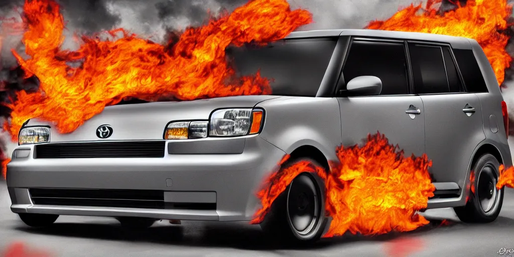 Image similar to first generation scion xb, on fire, digital art