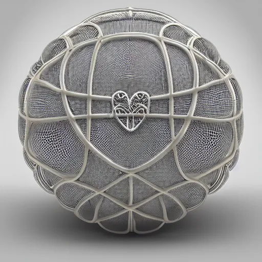 Prompt: complex 3d render ultra detailed of a beautiful basketball in the shape of a sacred heart, with net around it like thorns, 150 mm, beautiful natural soft light, rim light, silver gold details, maze like, mesh wire, intricate details, hyperrealistic, ultra detailed, mandelbrot fractal, anatomical, white metal neocubism armor, elegant, octane render, H.R. Giger style, 8k