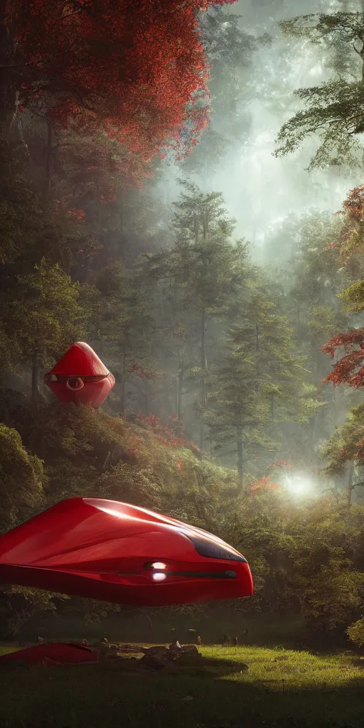 Prompt: spaceship in a forest , giant threes, photorealistic, octane render, 4k, shallow depth of field, red birds, concept art, artstation, highly detailed, art by canaletto and kim keever