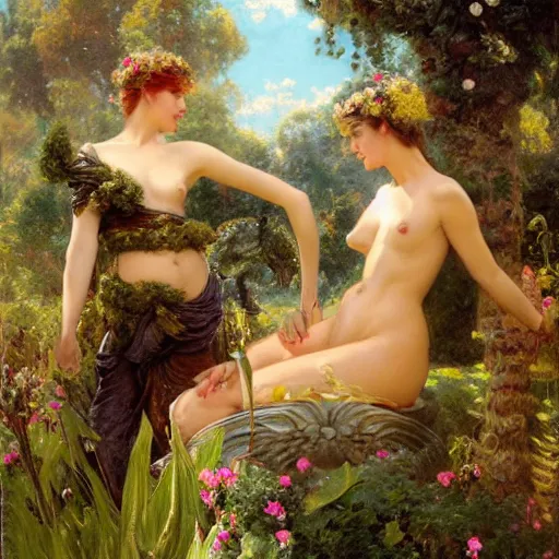 Prompt: athena and medusa frolic in a meadow of beautiful flowers, large topiary and marble pillars in the background, painting by gaston bussiere, craig mullins, j. c. leyendecker, tom of finland