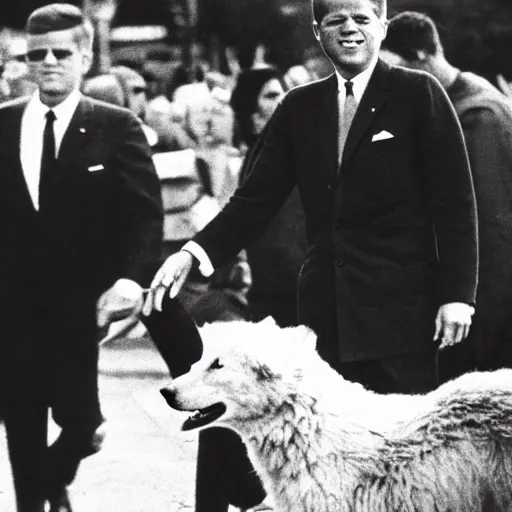 Image similar to a photograph of jfk holding hands with a werewolf