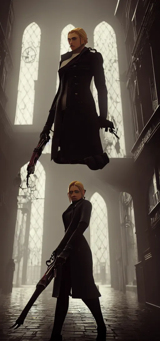 Prompt: distant shot of beautiful annie leonhart in dunwall city, redshift render, beautiful face, detailed face, cinematic lighting, rainy weather, melancholy atmosphere, volumetric light, octane render, dishonored 1, gothic architecture, realistic reflections, octane render 8 k