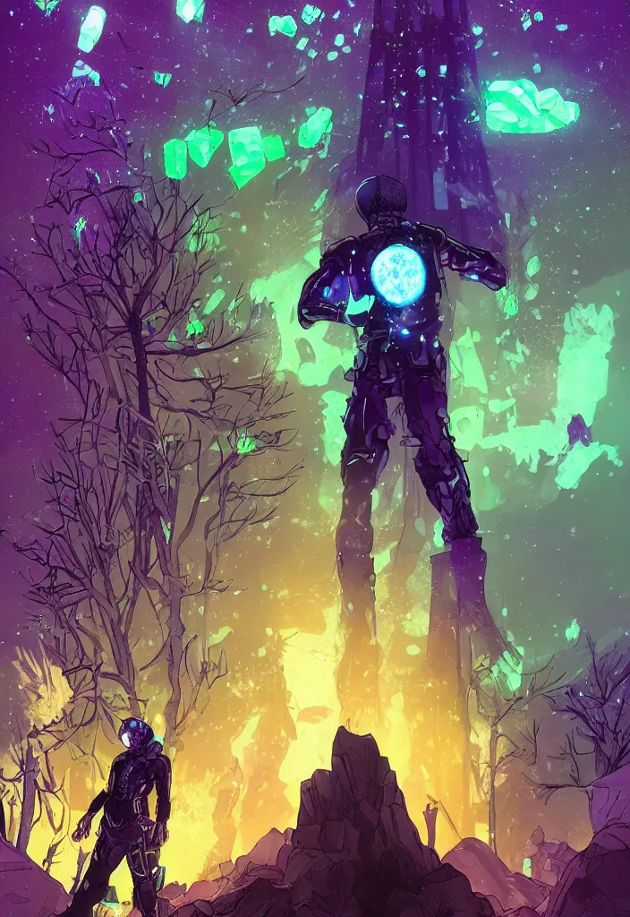 Image similar to A digital painting comic book cover of an android with glowing gloves and boots with back to the camera in a forest, looking up at a tower of crystals and geodes glowing in the fog, skeletons lay on the ground beside him, forced perspective,cinematic, stylized, purple and green