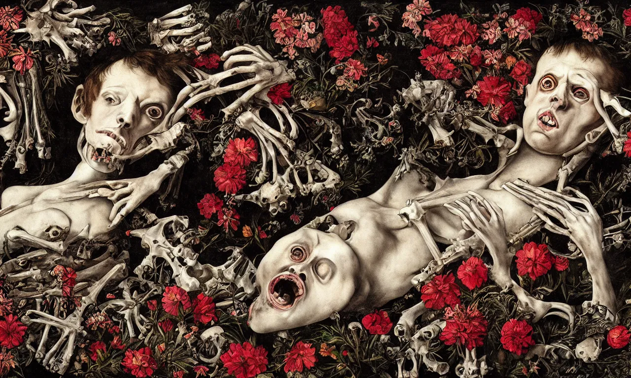 Prompt: man with large eyes and lips laying in bed of bones of flowers, feeling an existential dread of love, HD Mixed media, highly detailed and intricate, surreal illustration in the style of Caravaggio, baroque dark art