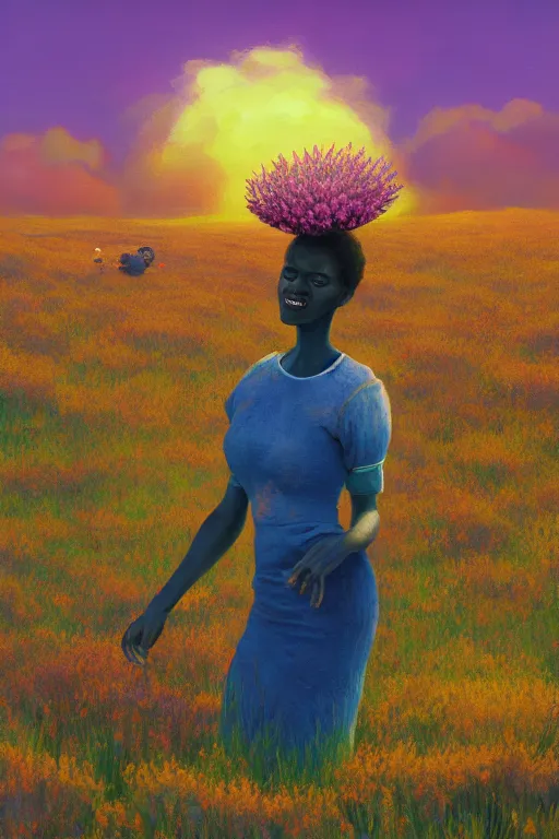 Image similar to closeup, giant flower as head, african woman in heather field, surreal photography, golden hour, colorful clouds, impressionist painting, digital painting, artstation, simon stalenhag