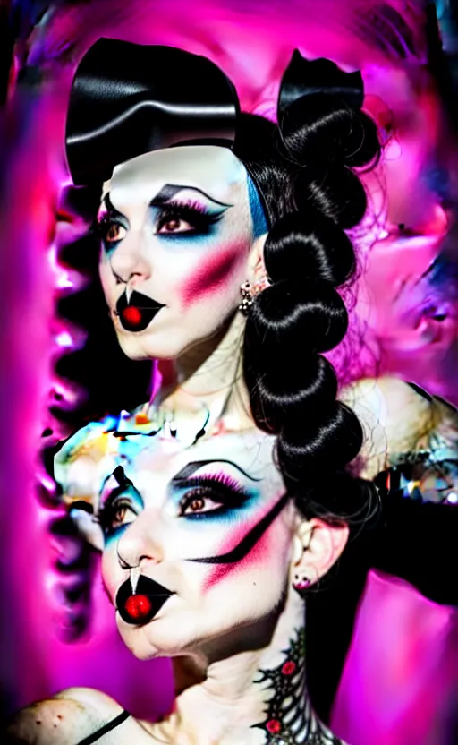 Image similar to looking up at a goth girl with a detailed face and black hair, burlesque psychobilly, rockabilly, punk,
