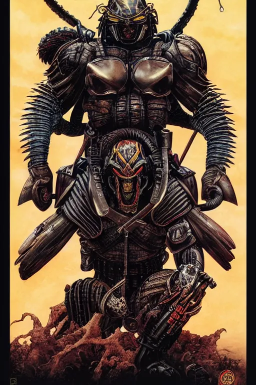 Prompt: poster of the predator with japanese armor and helmet, by yoichi hatakenaka, masamune shirow, josan gonzales and dan mumford, ayami kojima, takato yamamoto, barclay shaw, karol bak, yukito kishiro