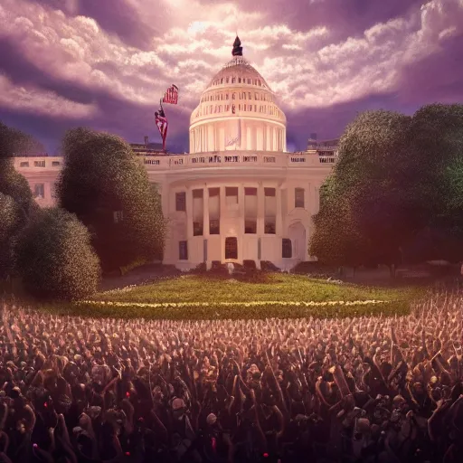 Prompt: live on cnn ufo lands on whitehouse lawn, hyper detailed, dramatic lighting, cgsociety, realistic, hyper detailed, insane details, intricate, dramatic lighting, hypermaximalist, golden ratio, rule of thirds, octane render, weta digital, micro details, ultra wide angle, artstation trending, 8 k,