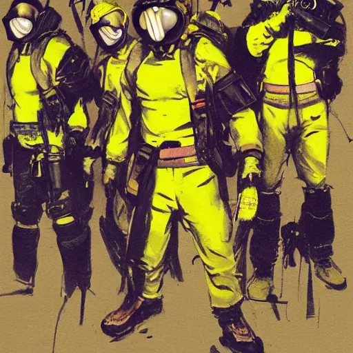 Prompt: detailed details concept art saints gang photo group, theyre using gas mask, other using saints mask, theyre wear yellow and red hoodie, theyre leader regularly uses red in the style of bob peak and alex ross, gouache and wash paints color, detailed details facial and body and human and environments and proportionate, detailed 5 k details.