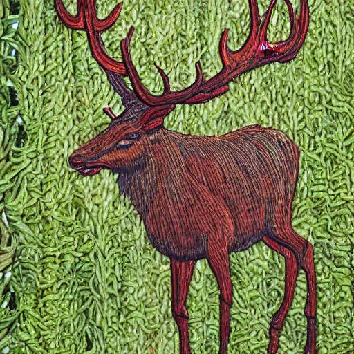 Prompt: small and dense intricate vines, moss, roots, colorful flowers, and tree branches take the detailed form of an elk standing in a lush forest, woven art, vine art, wicker art