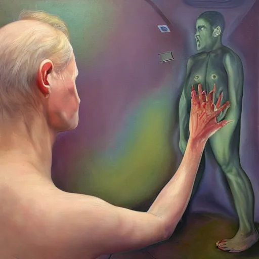 Prompt: A body art. A rip in spacetime. Did this device in his hand open a portal to another dimension or reality?! positivism by Hans Baluschek, by Linnea Strid robust