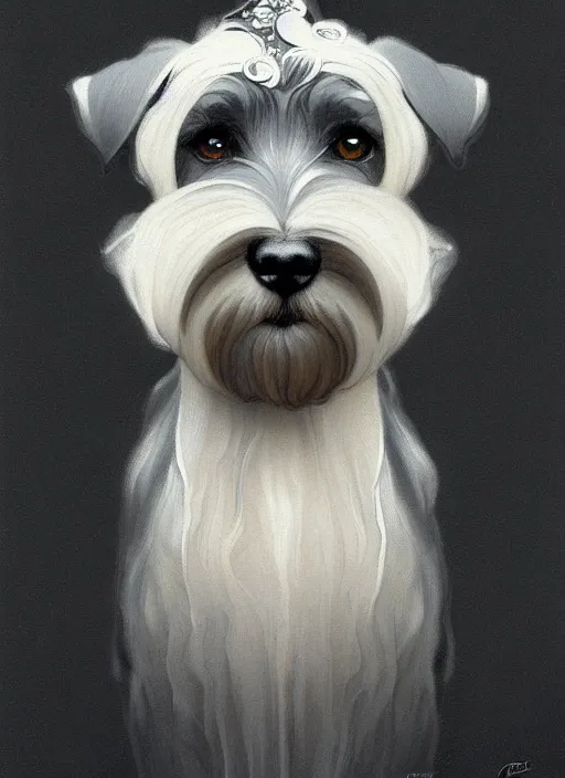 Prompt: portrait of stoic looking miniature schnauzer, black fir, white eyebrows, fantasy, intricate, elegant, highly detailed, centered, dark, smoke, digital painting, artstation, concept art, smooth, sharp focus, illustration, art by artgerm and greg rutkowski and alphonse mucha