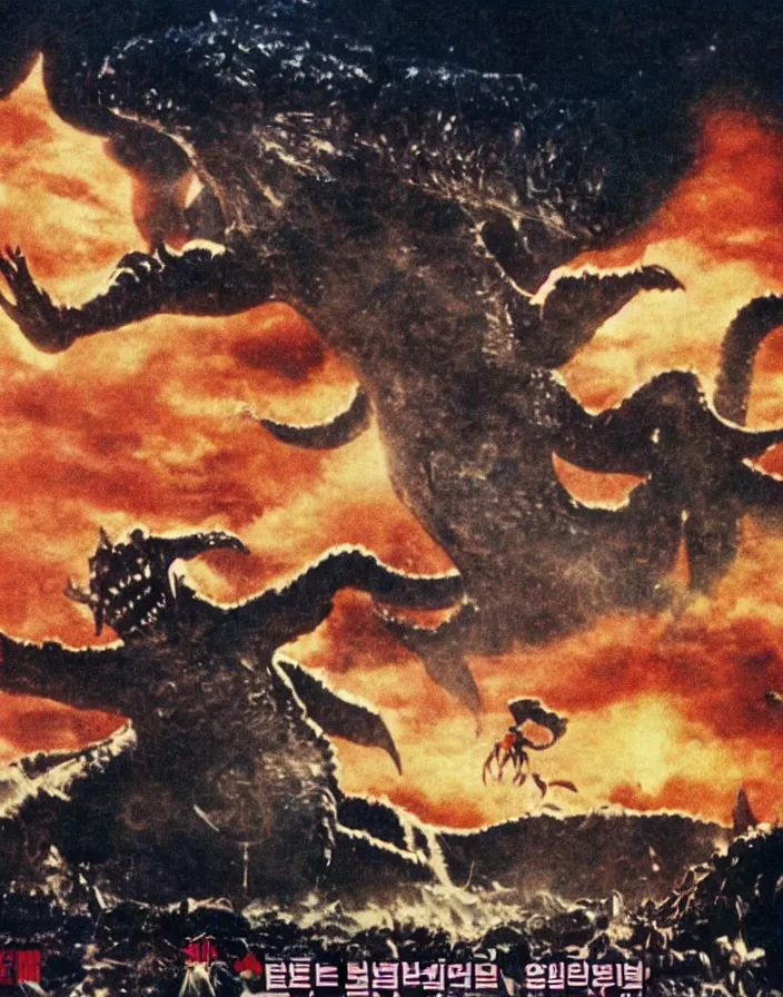 Prompt: a filmstill of a north korean monster movie, kaiju - eiga monster with starfish - arms trampling a traditional korean palace, foggy, film noir, epic battle, etheral, explosions, communist propaganda, communist epic thriller produced by kim jong - il, cinematography by akira kurosawa and tim burton, video compression