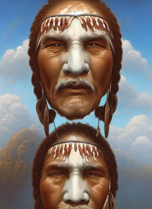 Prompt: faces of old indigenous people made of clouds in the sky, ancestors, protection, benevolence, art by christophe vacher