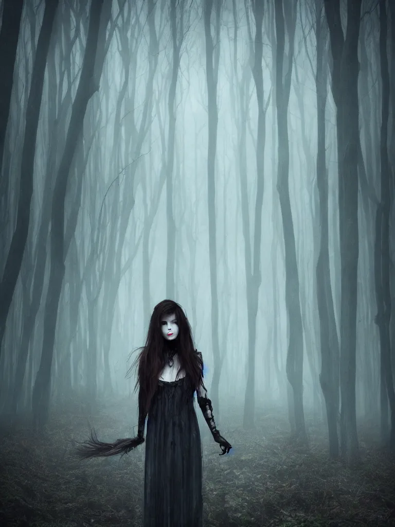 Image similar to beautiful dark witch in a gloomy horror forest cinematic, realistic, detailed, full body