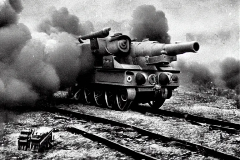 Image similar to WW2 era photograph, the face of Thomas the tank engine attached to a 800mm German super-heavy-mortar with a huge gun barrel shooting, there are german soldiers running around