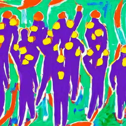 Prompt: an expressionistic painting of 40 men in purple suits worshipping an orange