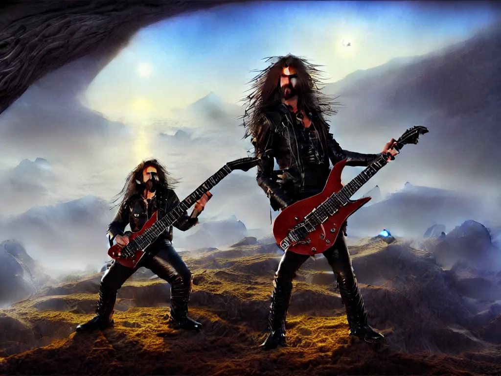 Image similar to long - haired man in leather jacket playing the most amazing electric guitar, epic landscape, fantasy concept art, john howe, 4 k
