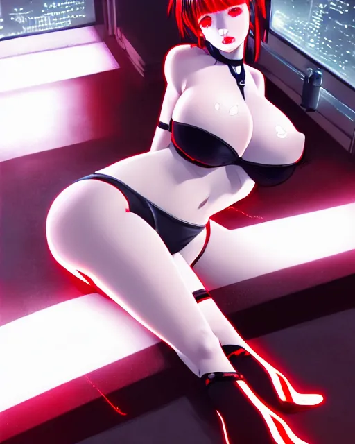 Image similar to a detailed potrait of a cyberpunk cyborg girl with black and red parts, white stockings, white swimsuit, perfect face, realistic shaded perfect face, detailed. night setting. very anime style. realistic shaded lighting poster by ilya kuvshinov katsuhiro, unreal engine, global illumination, radiant light, detailed and intricate environment, full length and white stockings