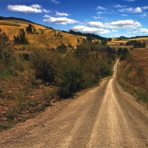 Prompt: ''down a gravel road', 'up a hill', oh my goodness, what a nice view! ', an image of some modular synthesizers