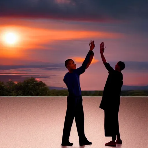 Image similar to barack obama engaged in hand to hand combat with a buddhist master, dramatic lighting at sunset atop a temple, painting