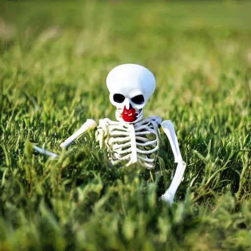 Prompt: white skeleton with red eyes sitting in green grass