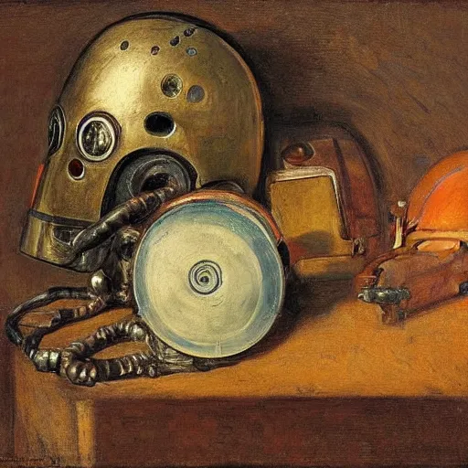 Prompt: A still life of a (rusty) robot, Pieter Claesz, William James Glackens, ((chains)), ((gears)), helmet, Iron man