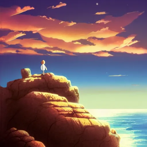 Image similar to Image from afar, man looking from the top of a large rock cliff, the sea hits the large stones hard, the clouds let through subtle rays of light, art by Hayao Miyazaki, whimsical, anime, children's illustration